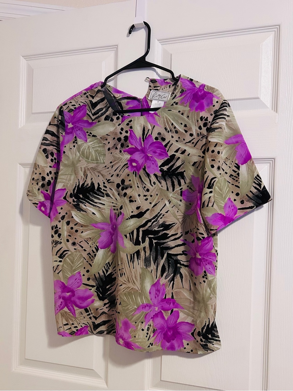 Kathy Che Tropical Floral Blouse Purple Flowers Size M